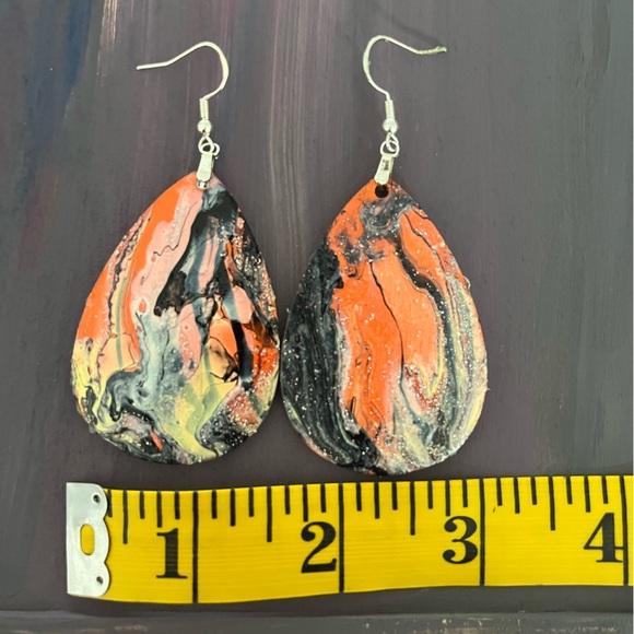 Abstract Orange and Black Teardrop Earrings - Picture 3 of 3